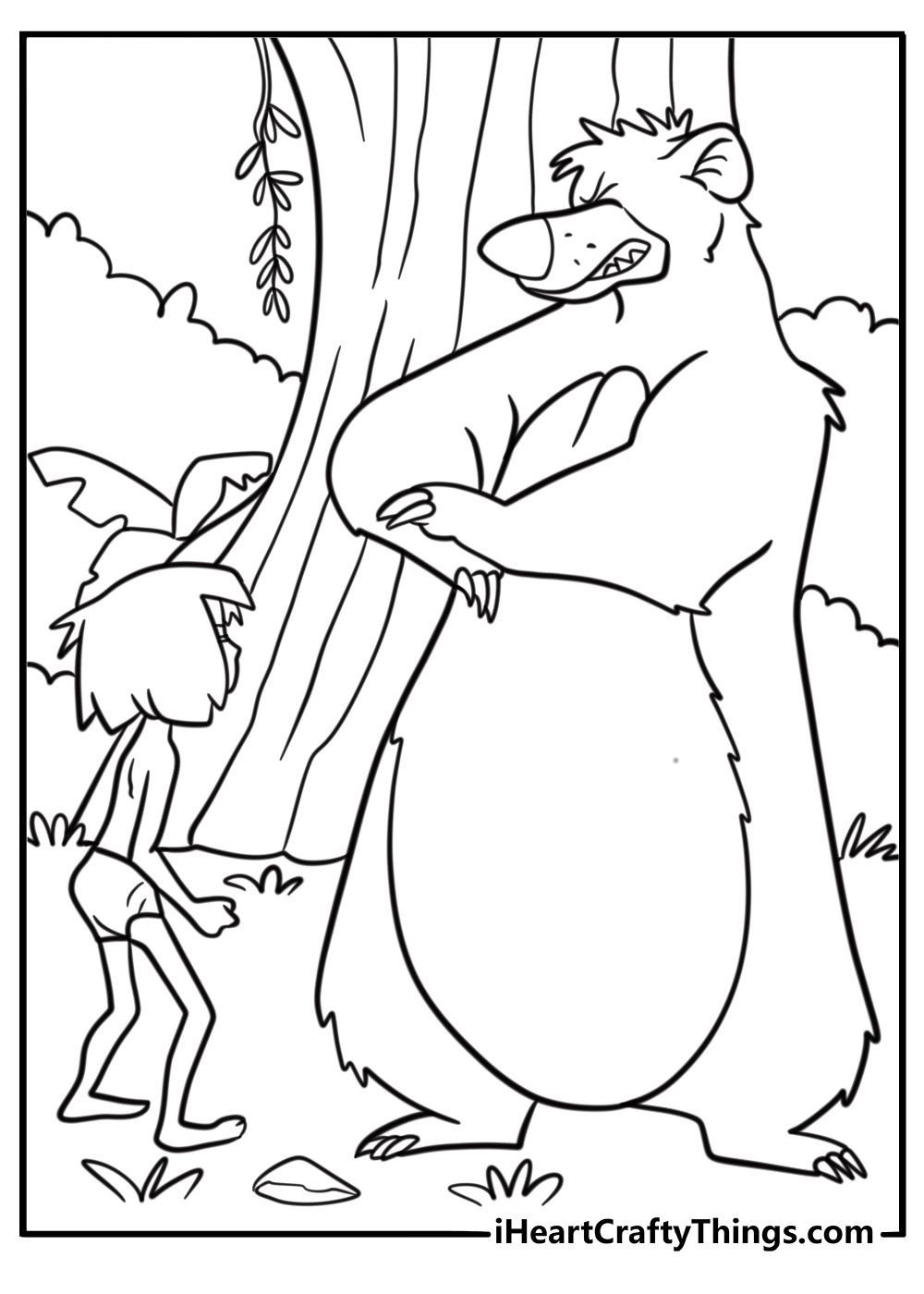 Baloo teaching Mowgli to fight coloring page