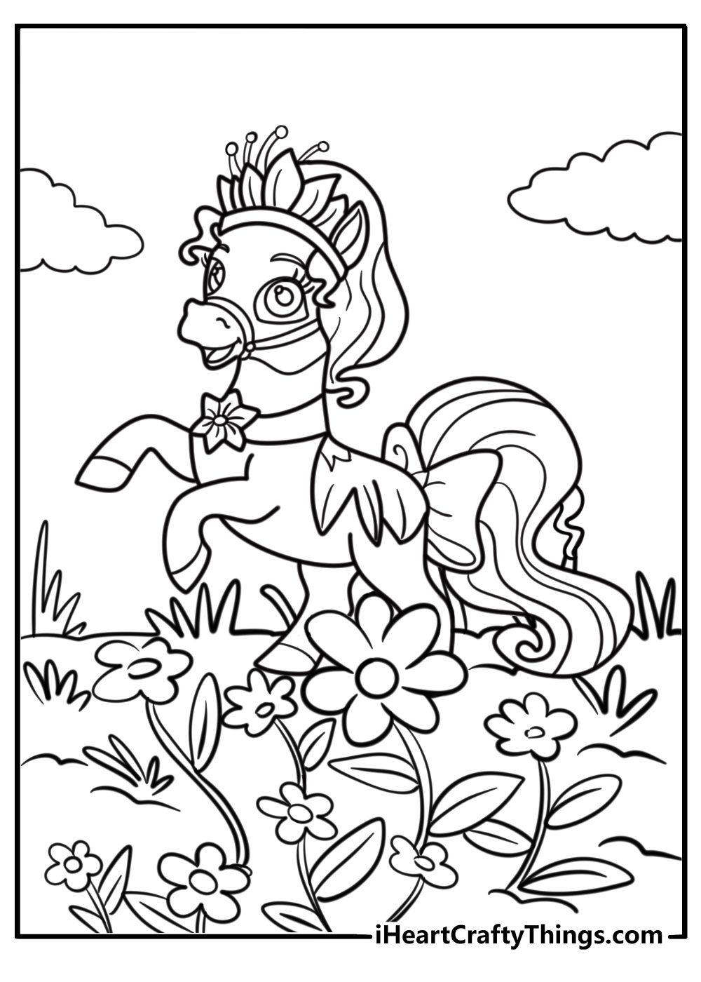 Bayou the pony with flower garlands coloring page for kids