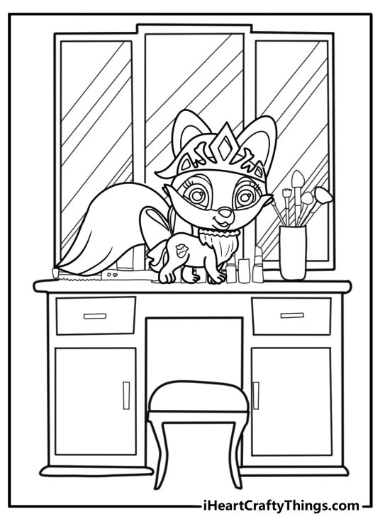 Beauty the kitten beside a vanity table free coloring page pdf