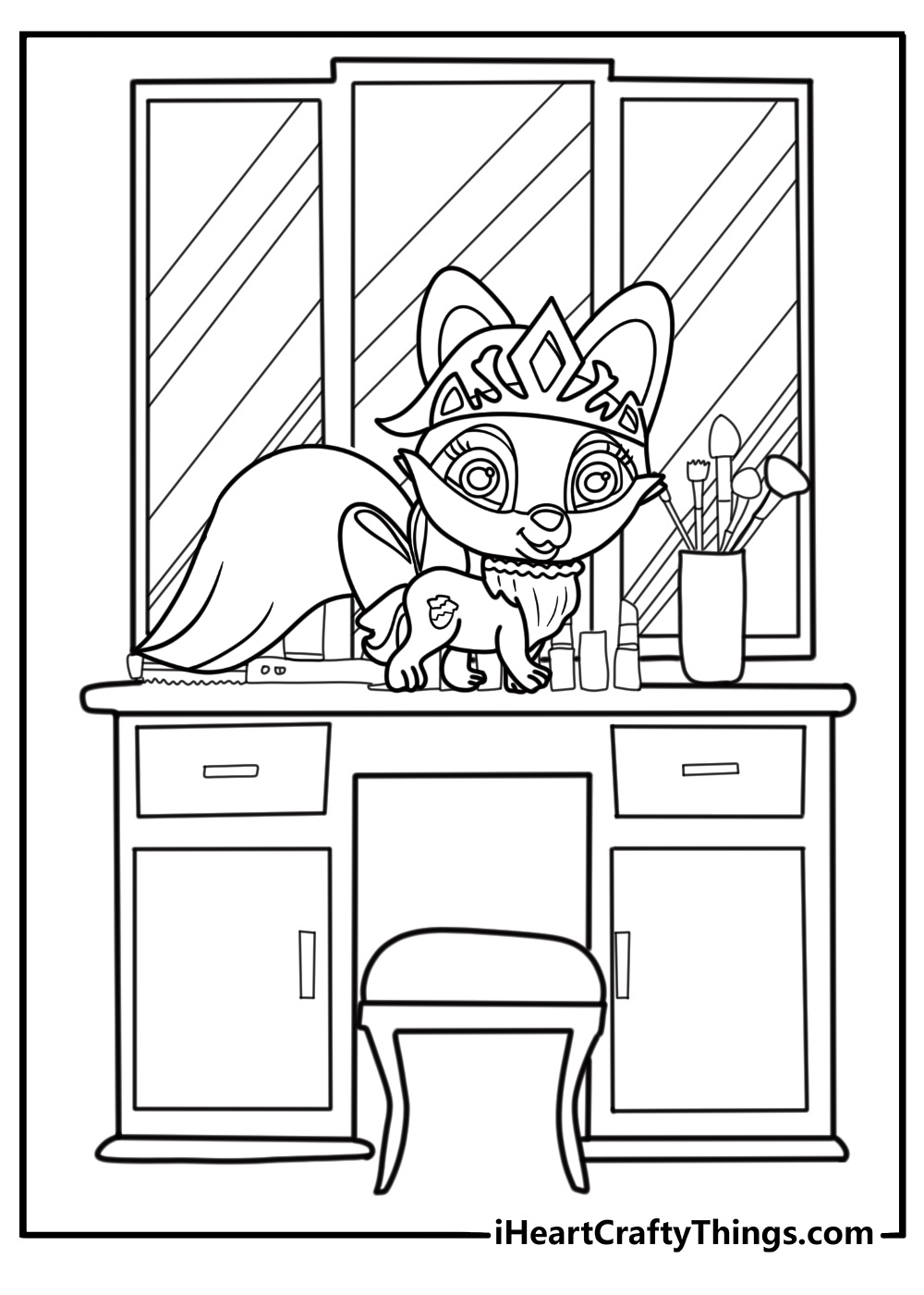 Beauty the kitten beside a vanity table free coloring page pdf