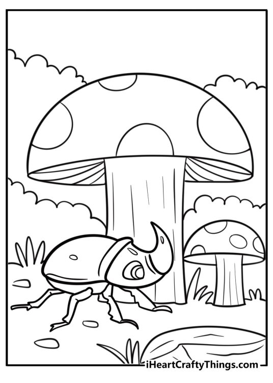 Beetle next to a mushroom coloring page