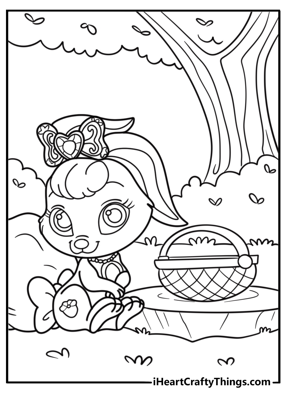 Berry the bunny next to a basket coloring sheet