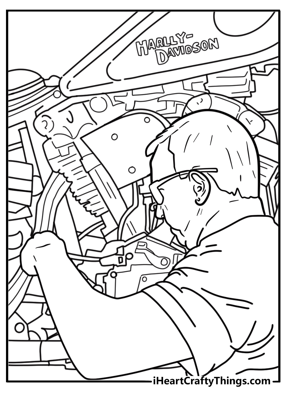 Biker fixing Harley Davidson engine in garage coloring sheet