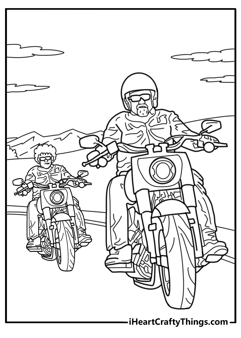 Biker group riding Harley Davidsons across desert printable coloring sheet