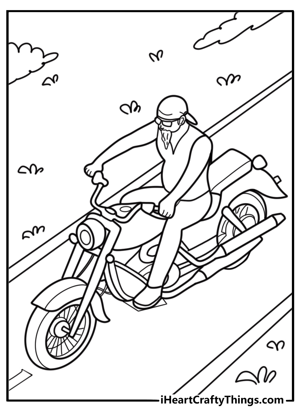 Biker riding a Harley Davidson down highway coloring page