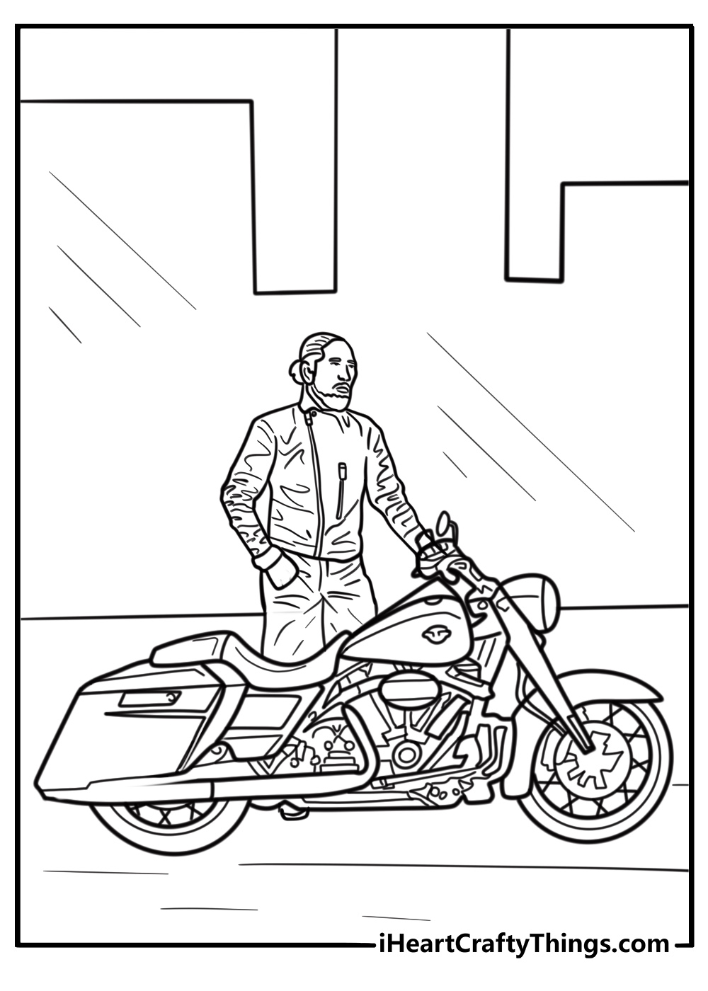 Biker wearing leather jacket next to Harley Davidson coloring sheet