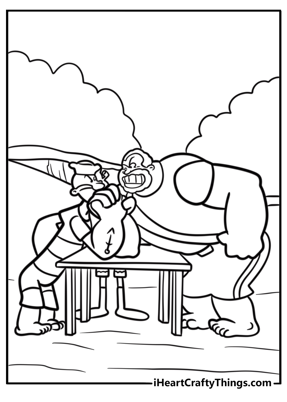 Bluto and Popeye arm wrestling on a table coloring page