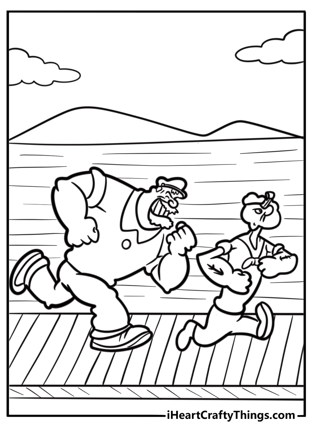 Bluto chasing Popeye through the docks free printable coloring page