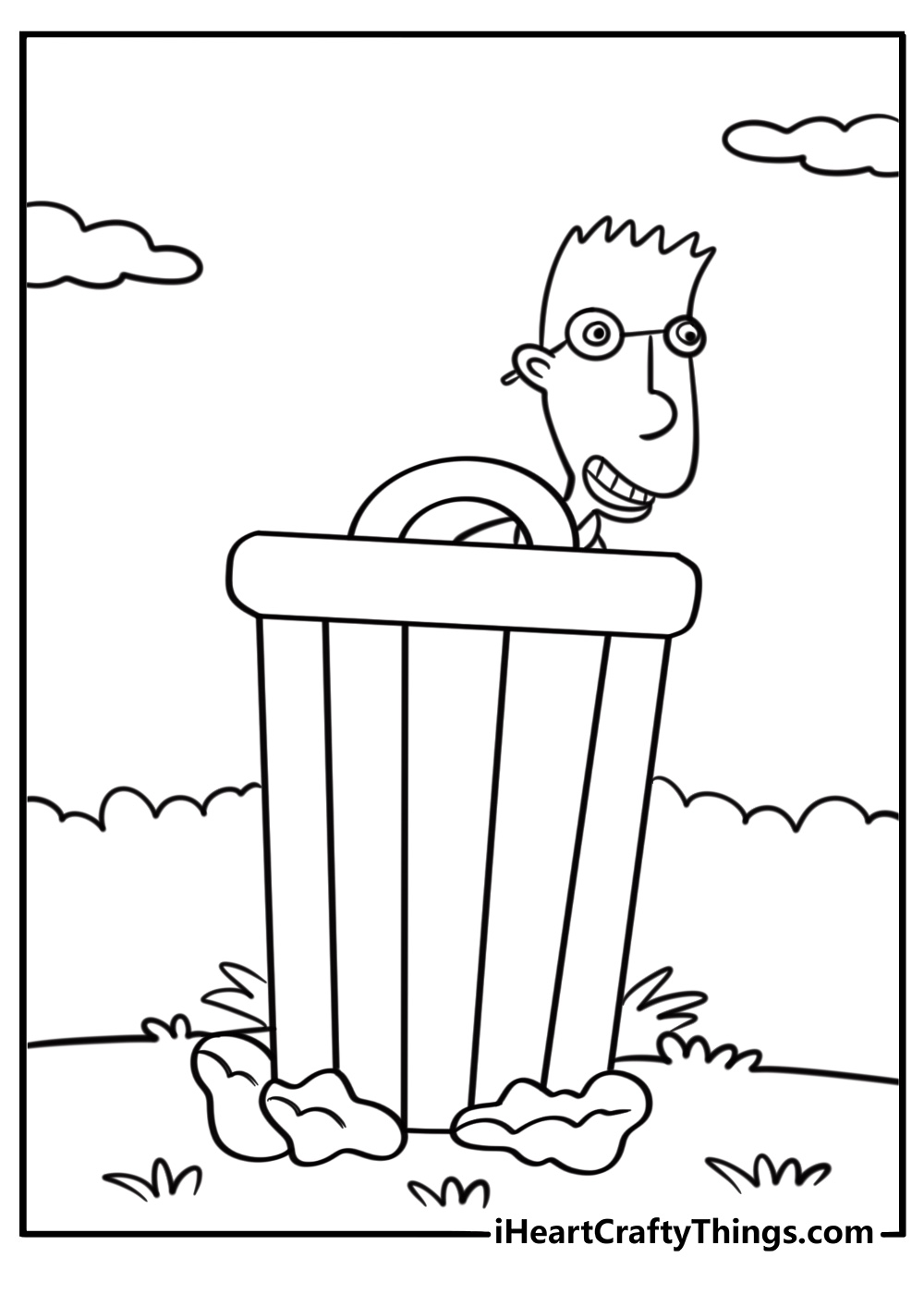 Brainy peeking from behind a trash can coloring page