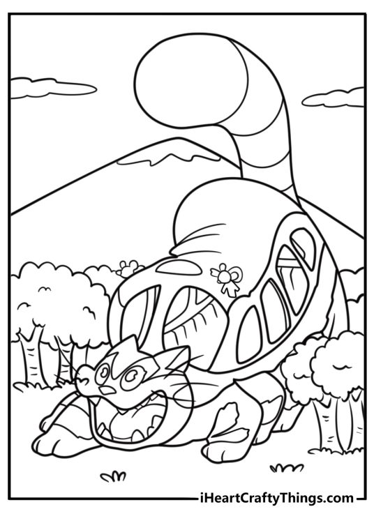 Catbus running through the trees coloring page