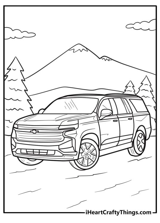 Chevrolet Suburban parked near mountains coloring sheet
