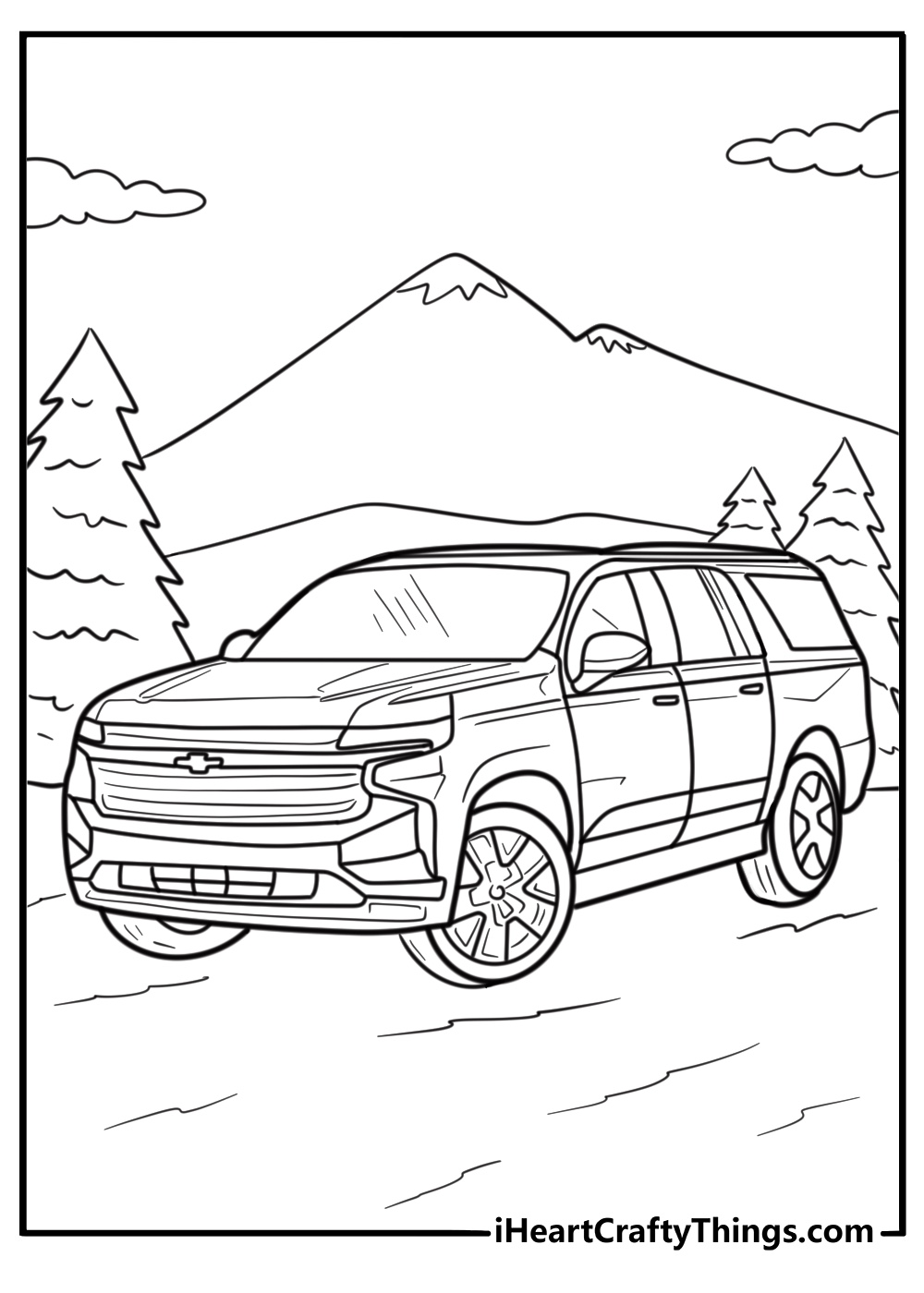 Chevrolet Suburban parked near mountains coloring sheet