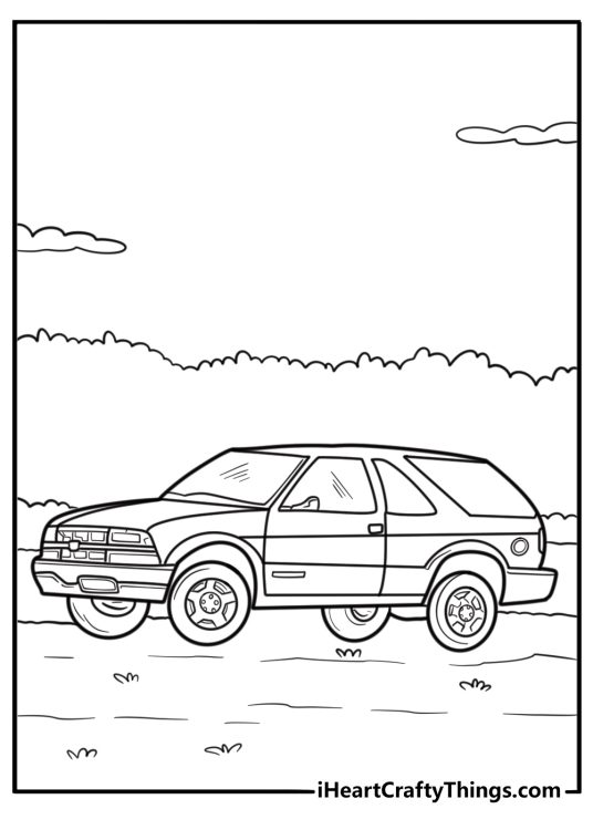 Chevy Blazer SUV in a forest trail coloring sheet