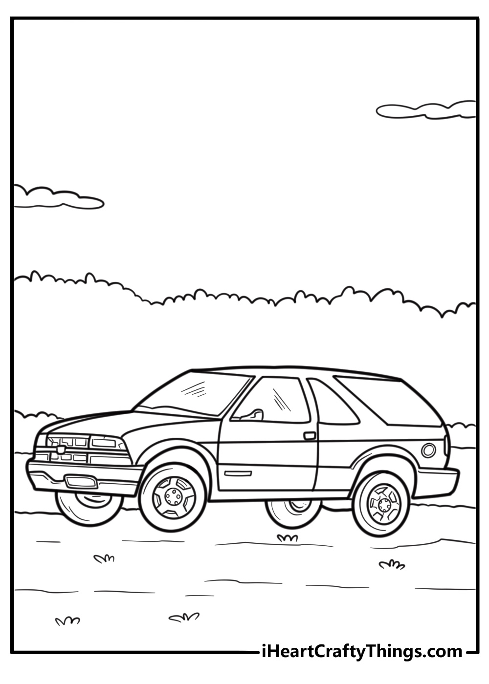 Chevy Blazer SUV in a forest trail coloring sheet
