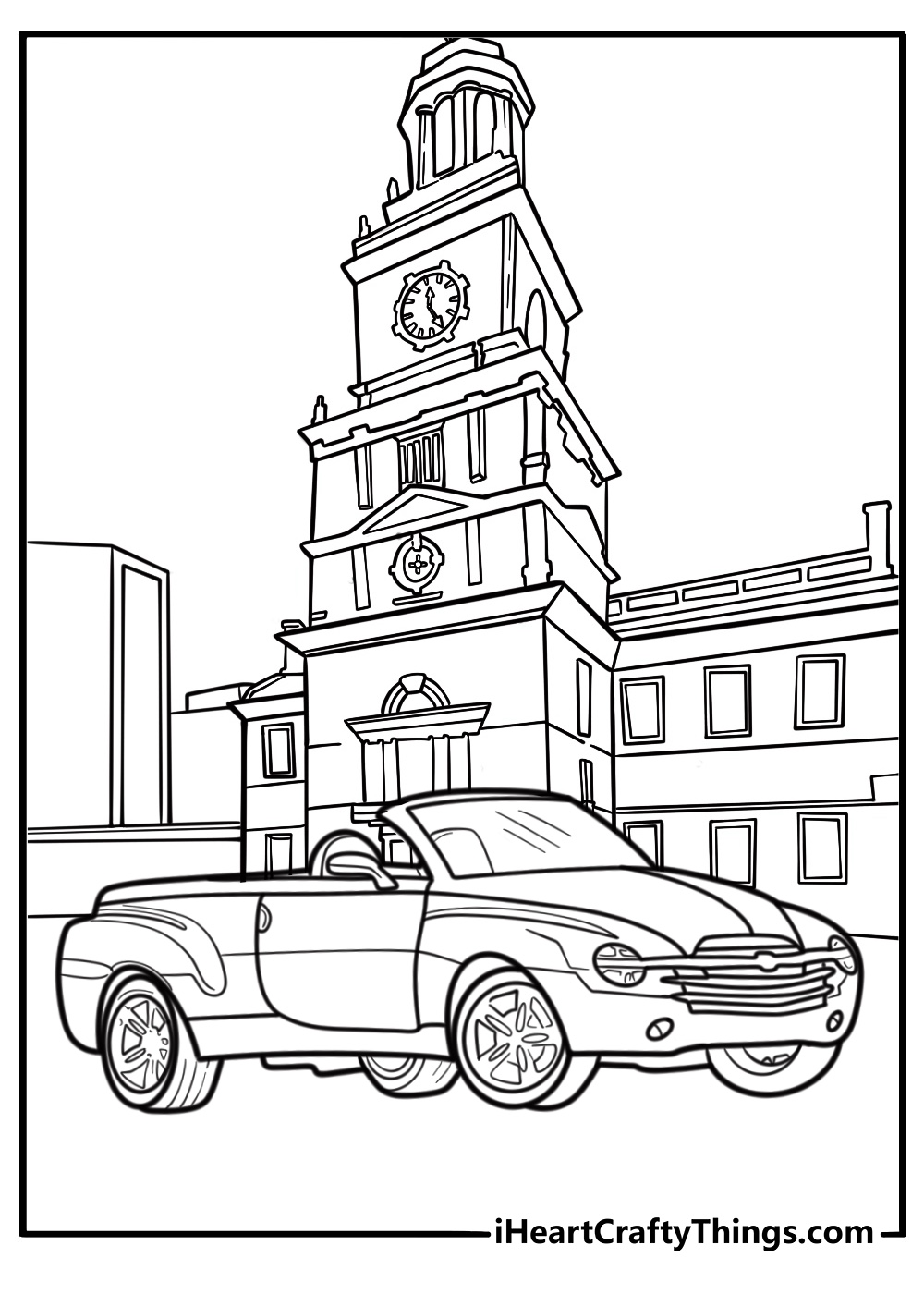 Chevy Malibu sedan parked by a house coloring page