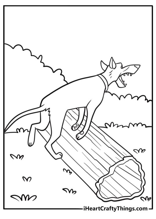 Chief jumping across a wooden log bridge coloring page