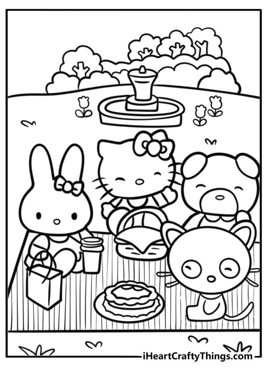 Chococat at a picnic with food and blanket coloring page