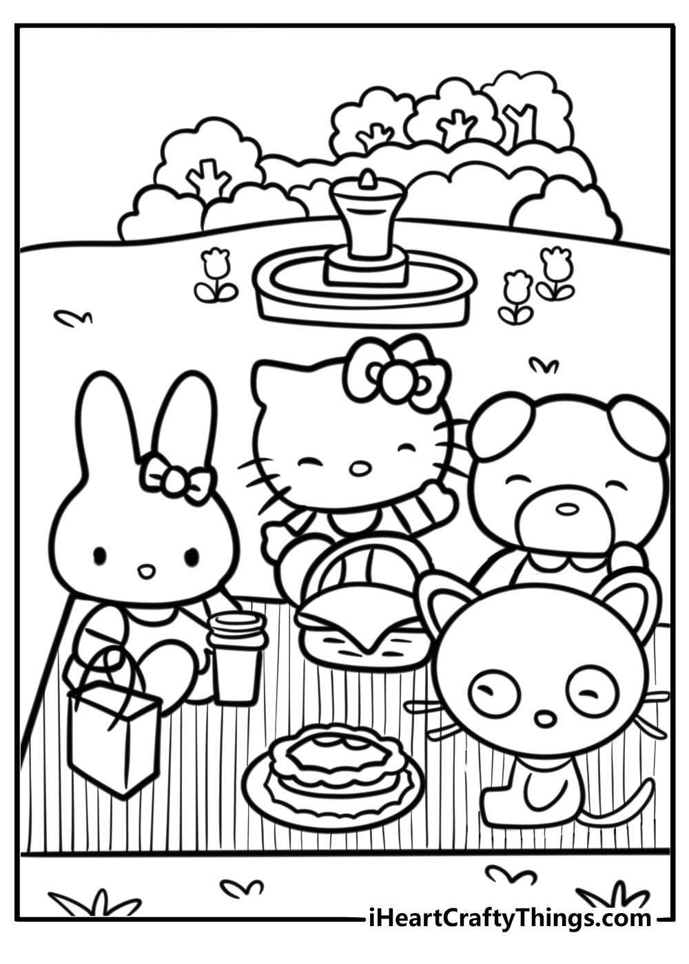 Chococat at a picnic with food and blanket coloring page