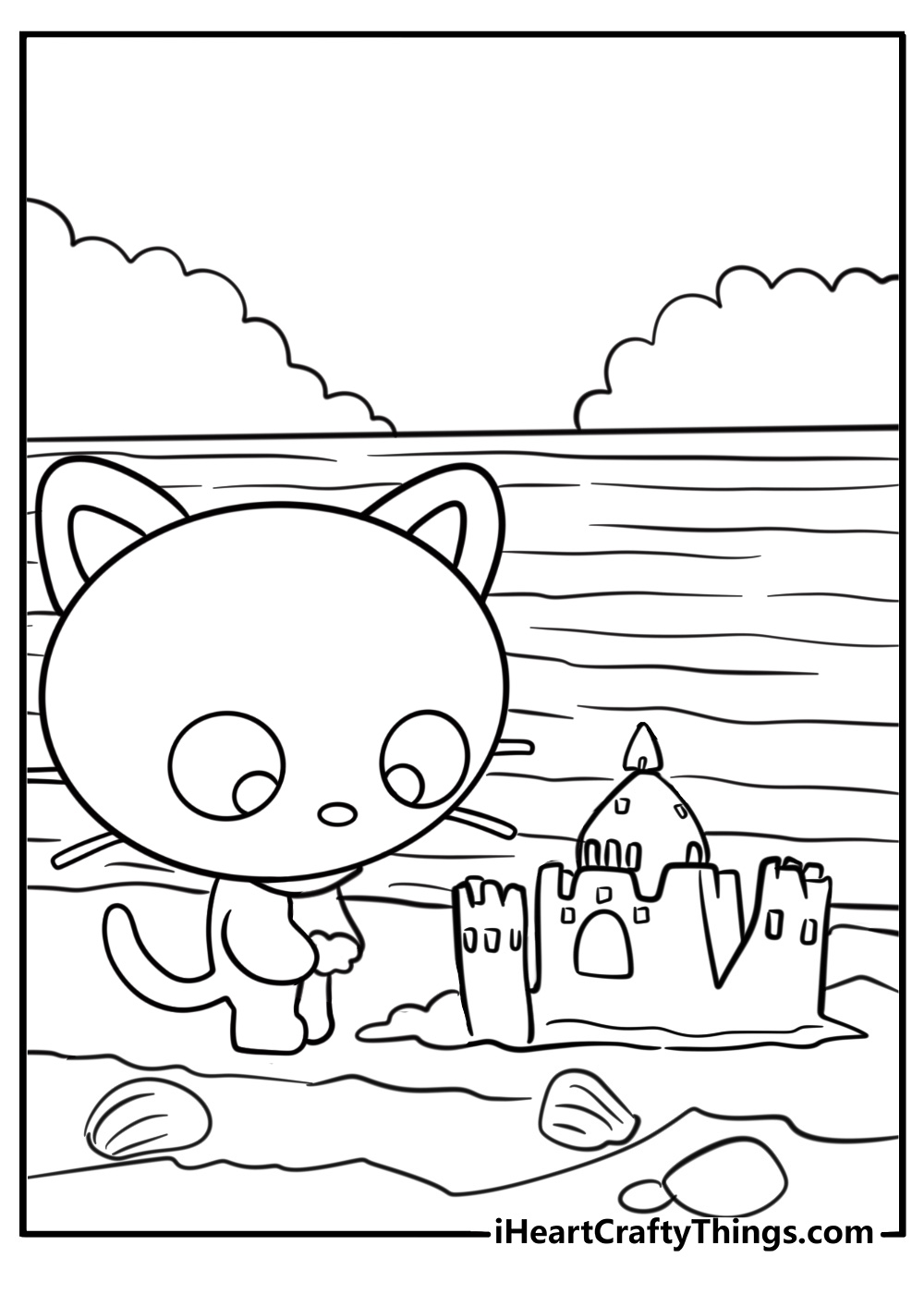 Chococat at the beach with a sandcastle coloring page