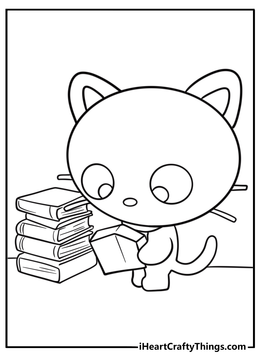 Chococat near a stack of books coloring page