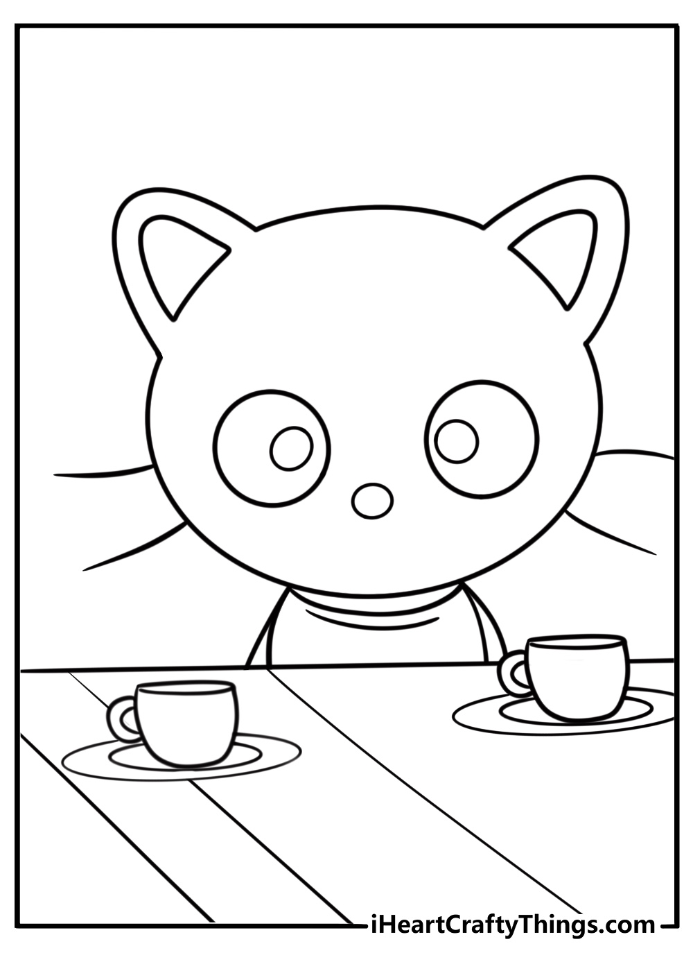 Chococat near a teacup on a table coloring page