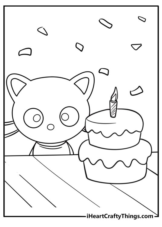 Chococat next to a birthday cake coloring page