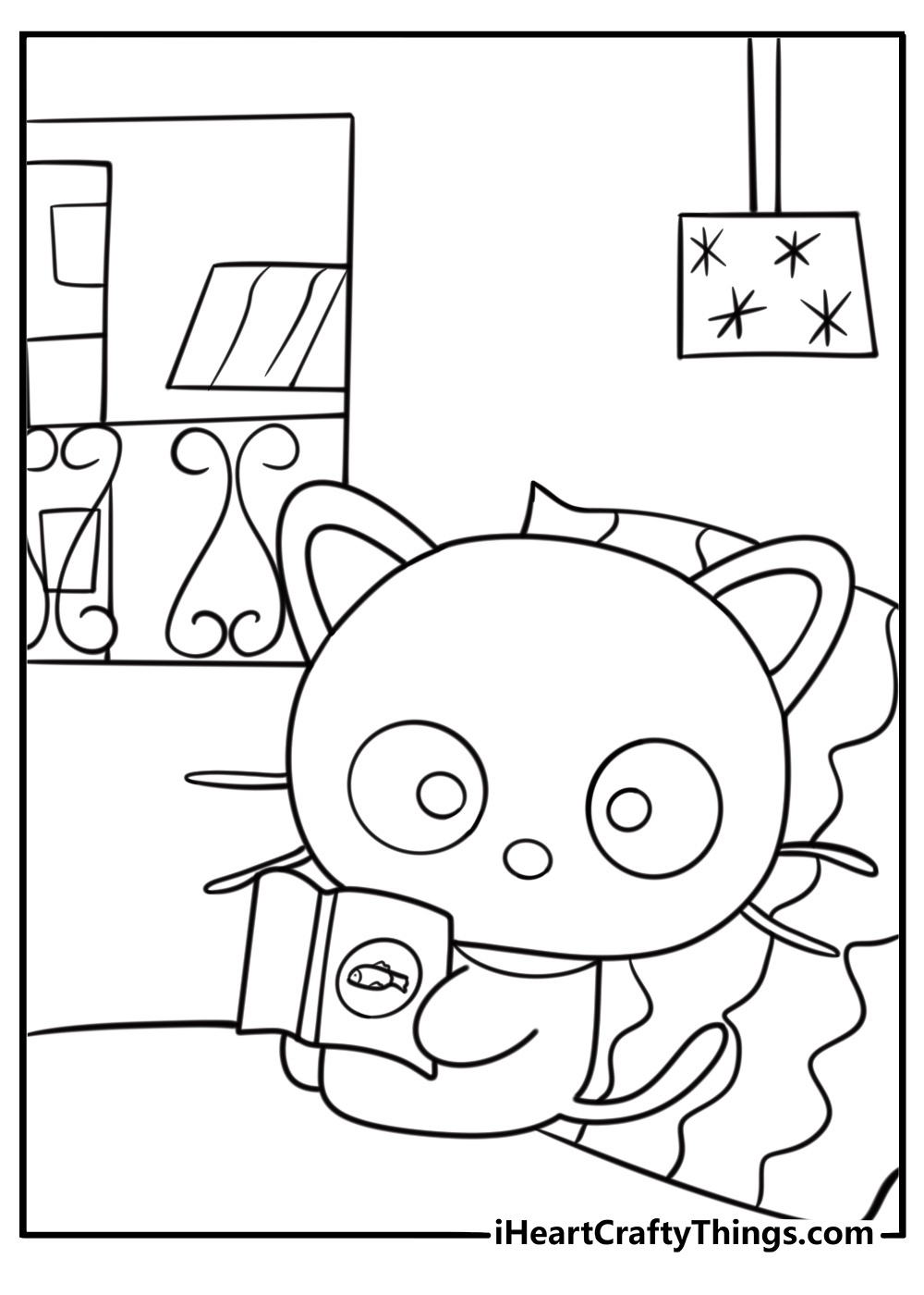 Chococat reading a book on a cushion coloring page