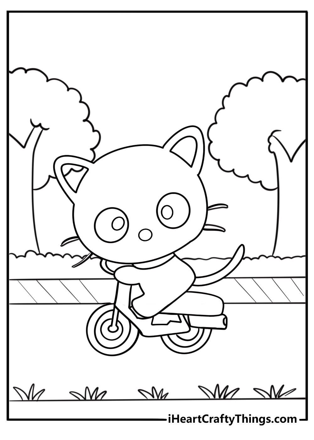 Chococat riding a scooter on the sidewalk coloring page