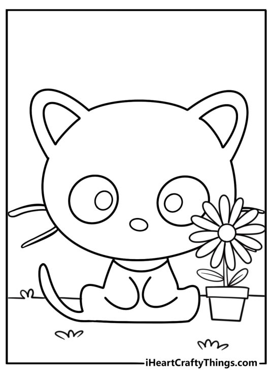 Chococat sitting next to a flower pot coloring page