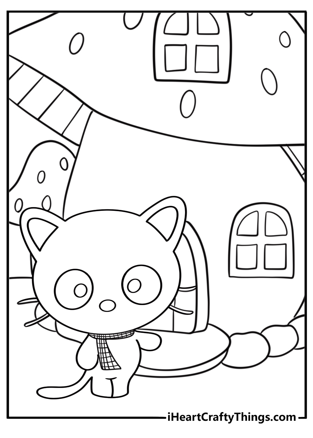 Chococat standing in front of a small house coloring page