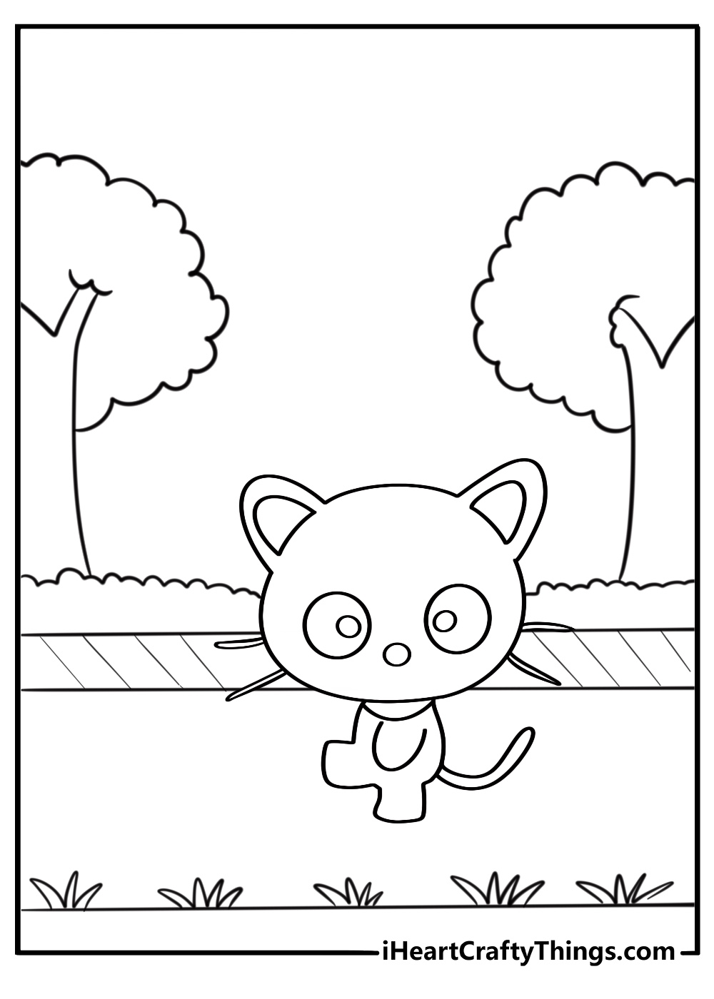 Chococat walking through the park with trees coloring page