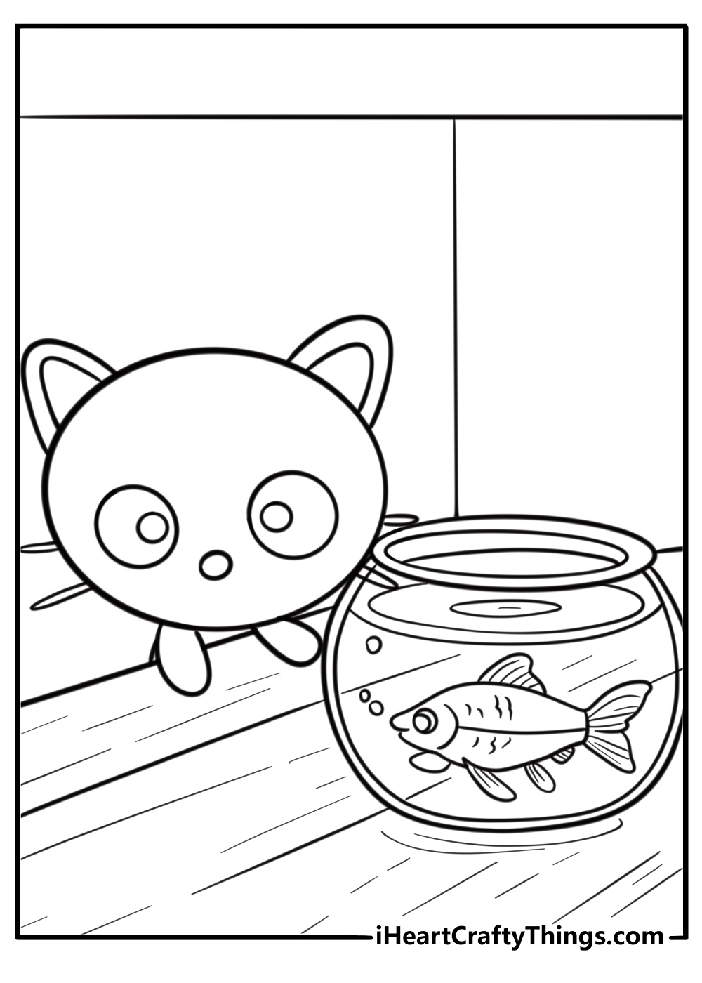 Chococat with a fishbowl on a table coloring page