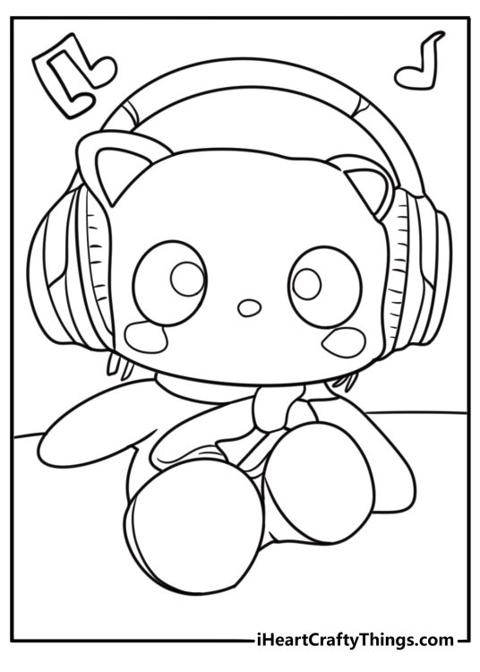 Chococat with headphones listening to music coloring page