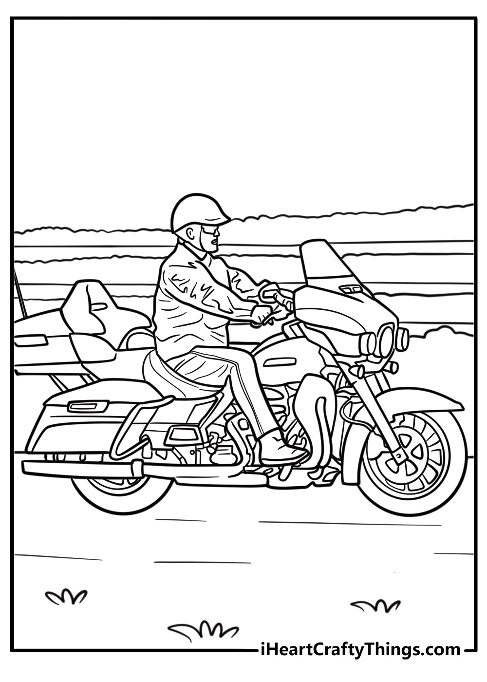 Classic Harley Davidson Electra Glide model on countryside road coloring sheet