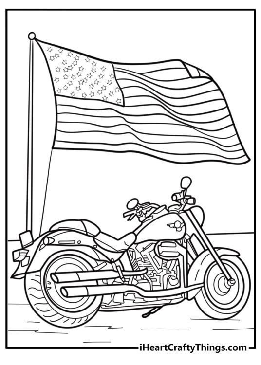 Classic Harley Davidson in front of American flag coloring page