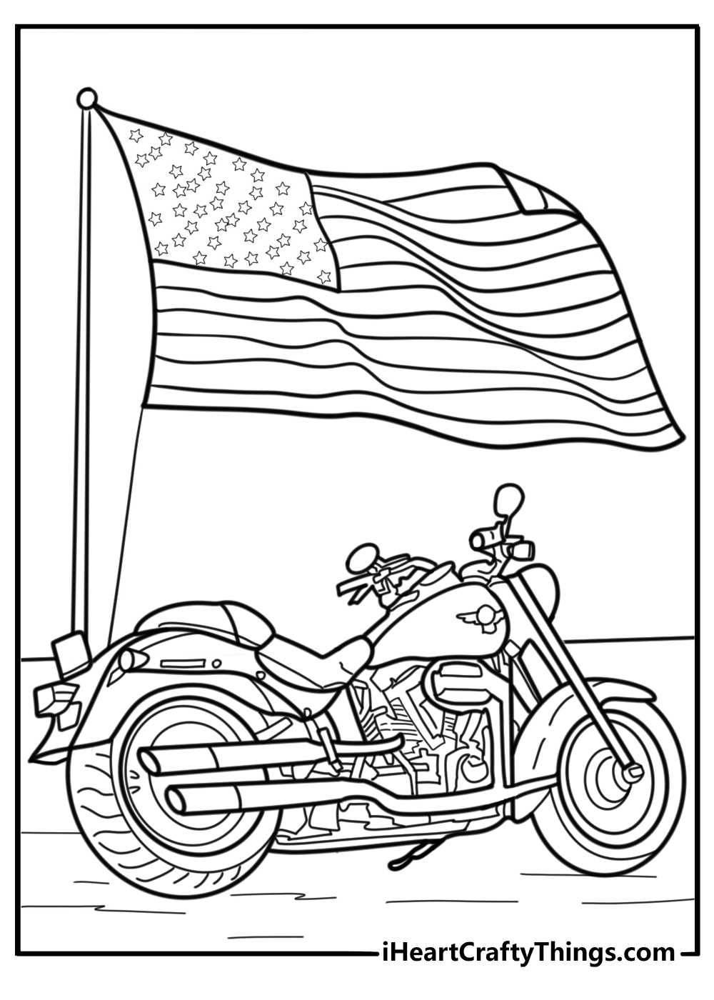 Classic Harley Davidson in front of American flag coloring page