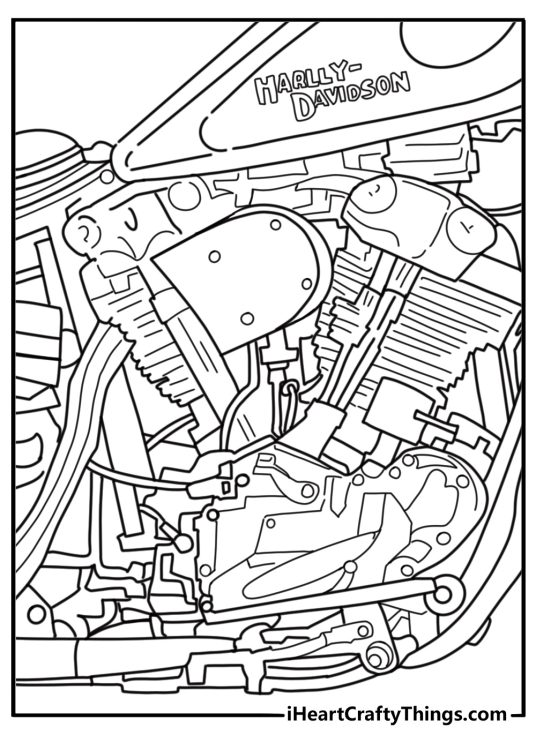 Close up of Harley Davidson engine parts detailed coloring page