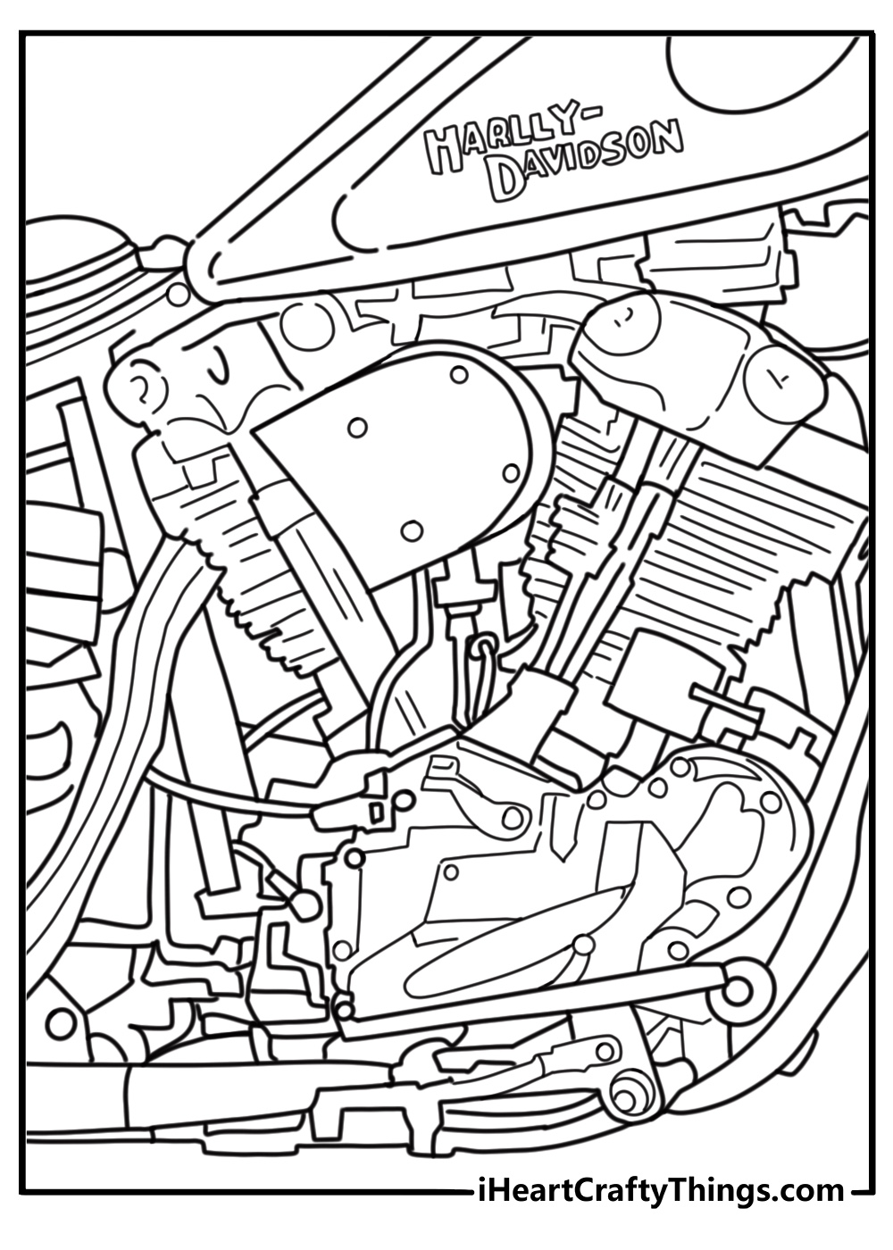 Close up of Harley Davidson engine parts detailed coloring page