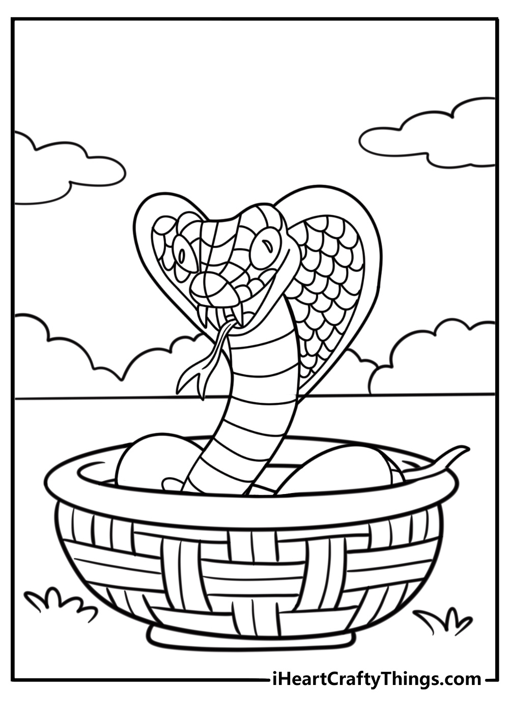 Cobra emerging from a basket free printable coloring page