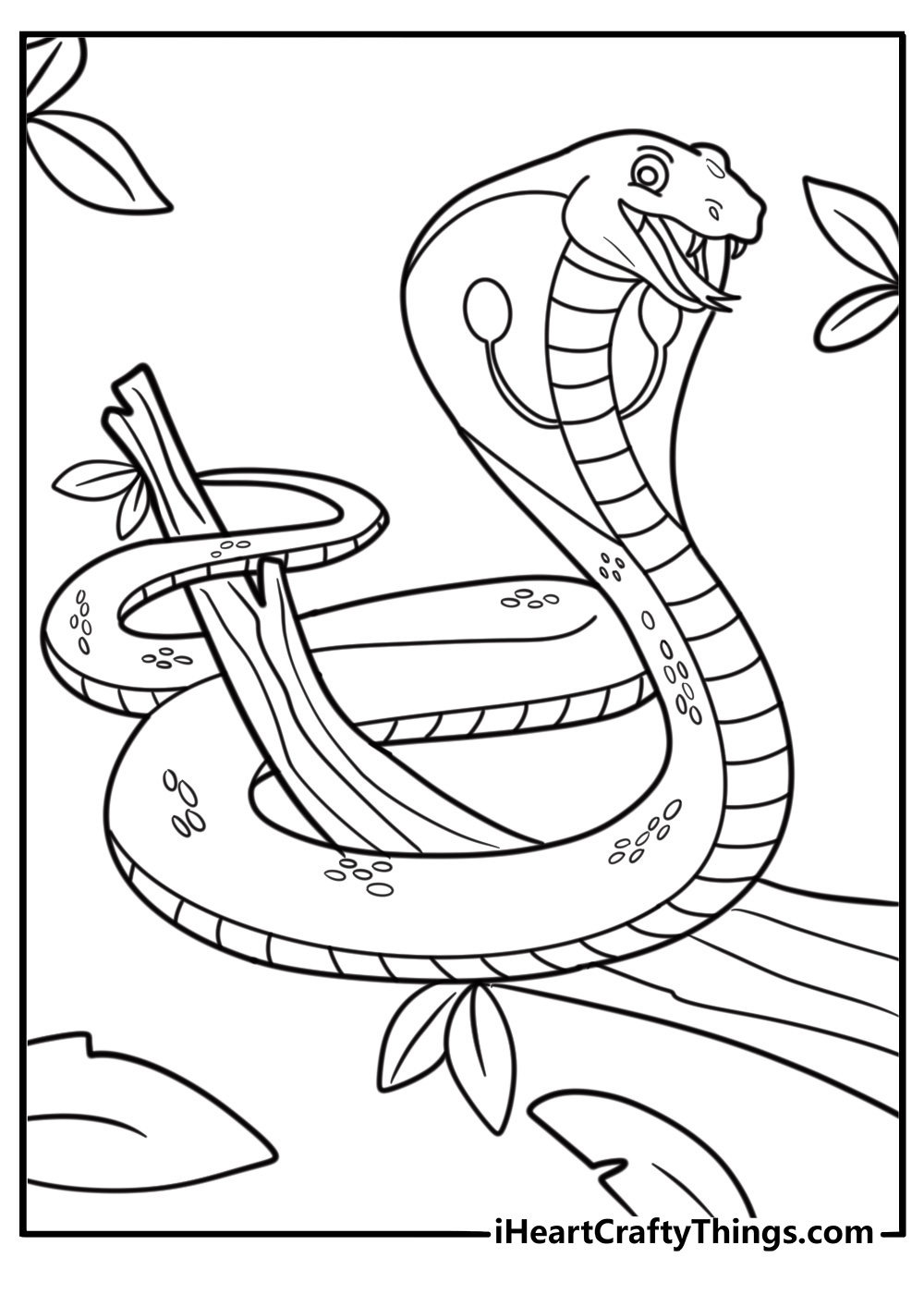 Cobra wrapping around a tree branch detailed coloring sheet