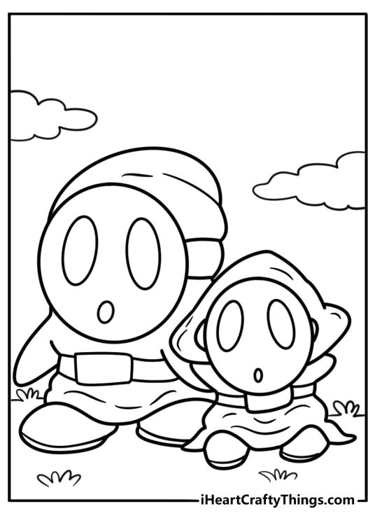 Colorful Shy Guys from different Mario games printable coloring page