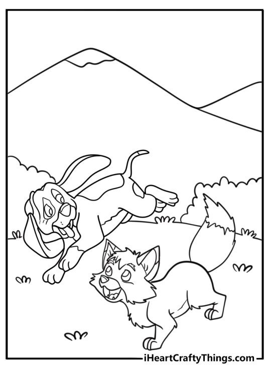 Copper and Tod facing each other on a mountain ledge coloring page