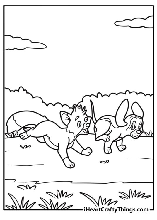Copper chasing a trail through tall grass coloring page