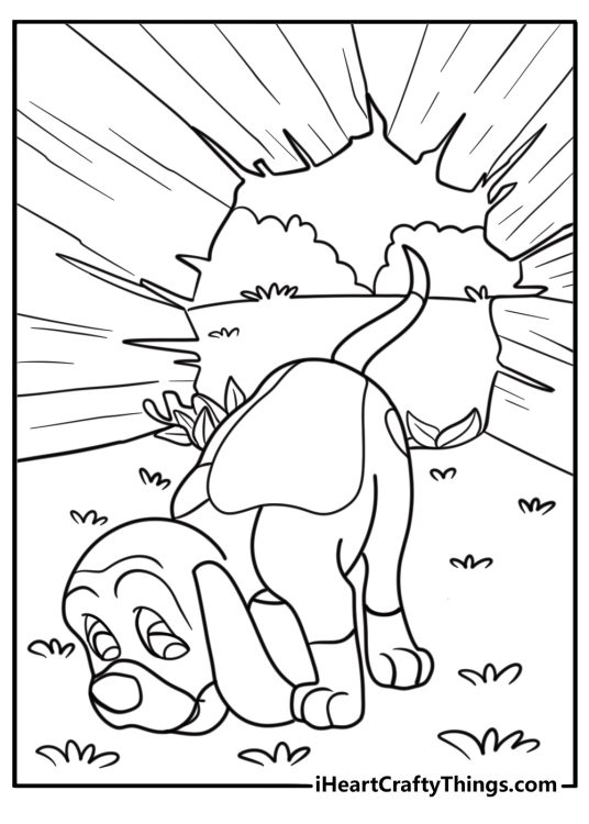 Copper sniffing the ground following a scent trail coloring page