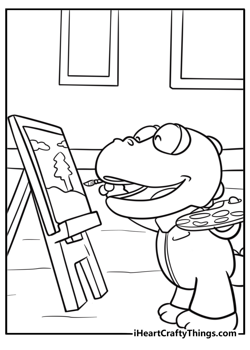 Crong painting a picture on a small easel coloring page