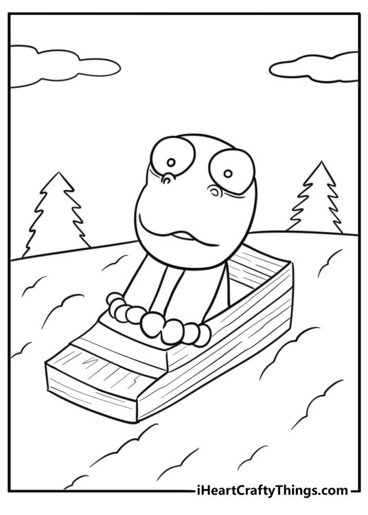 Crong riding a sled down a snowy hill coloring page