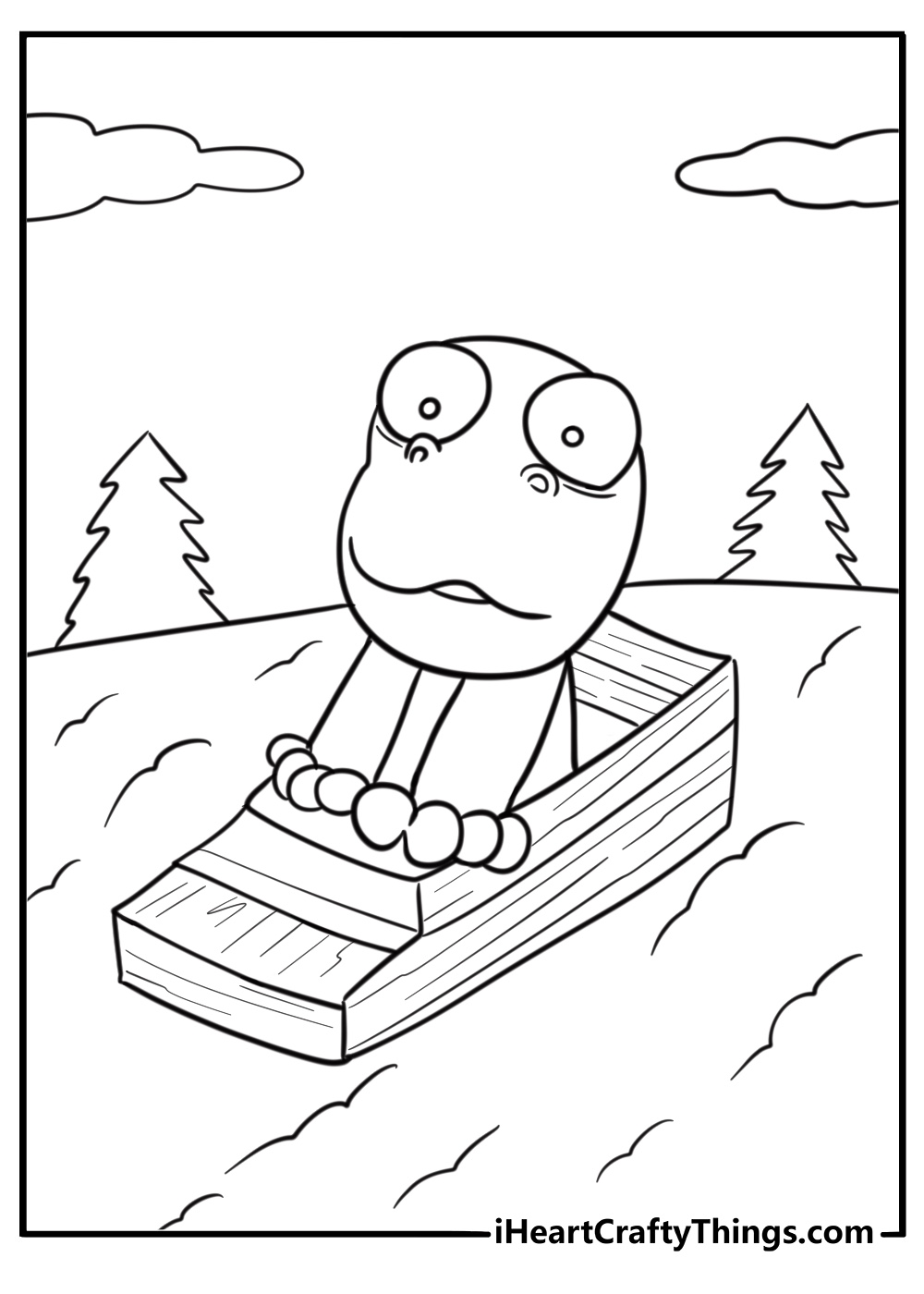 Crong riding a sled down a snowy hill coloring page