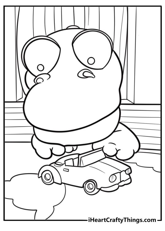 Crong the dinosaur playing with a toy car coloring page