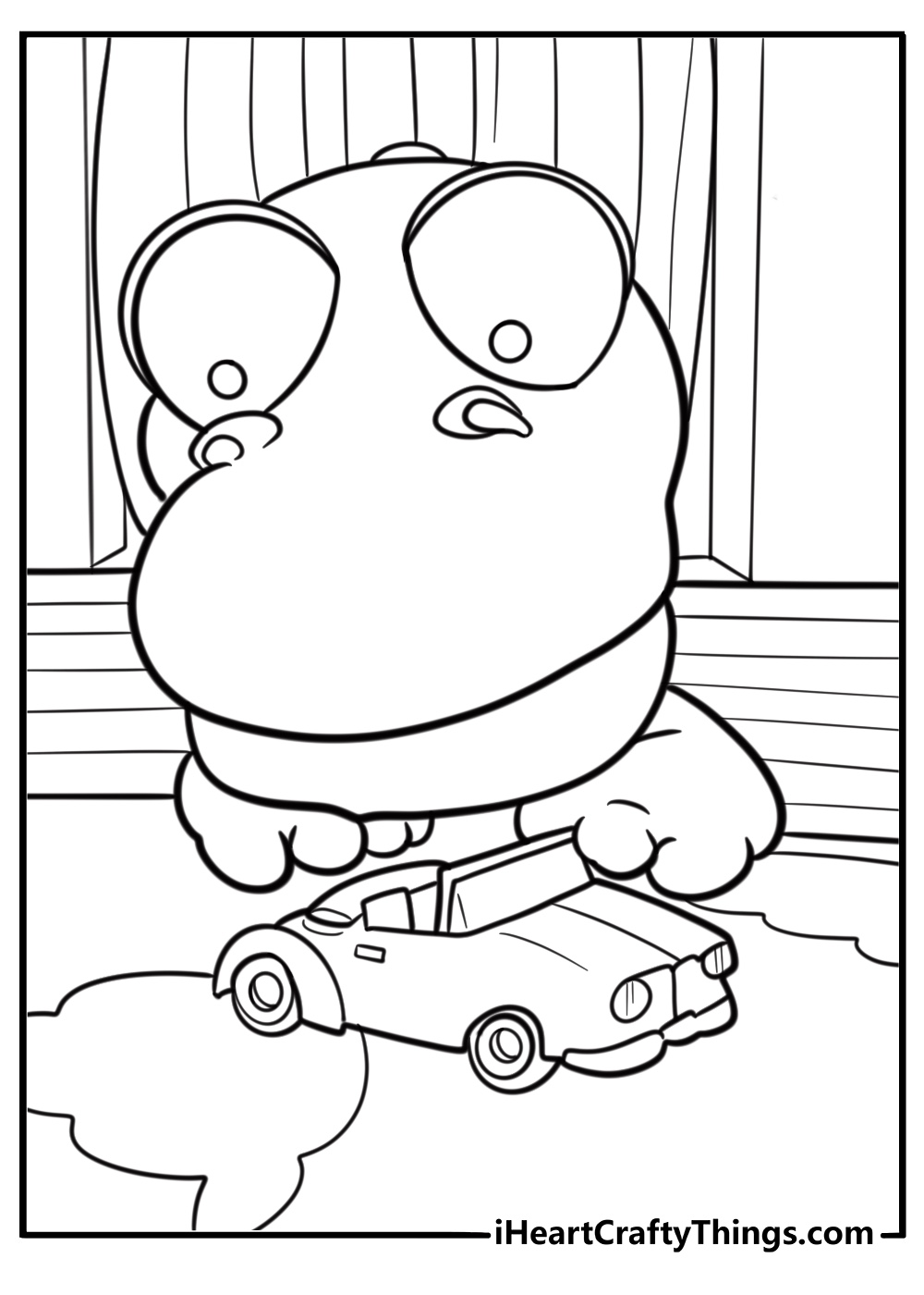 Crong the dinosaur playing with a toy car coloring page