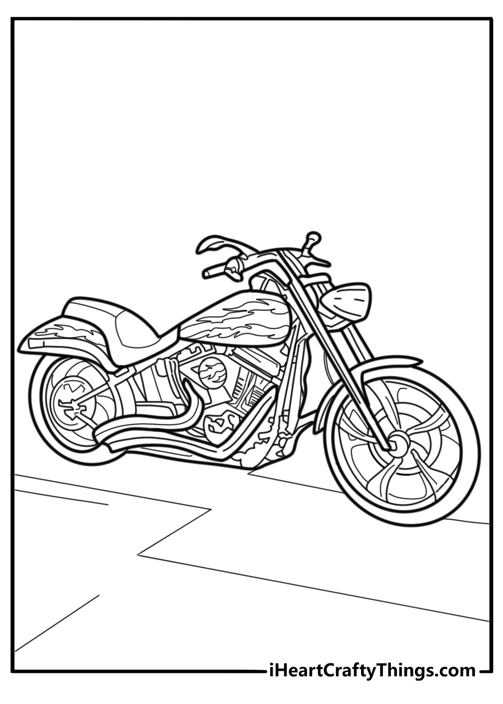 Custom Harley Davidson motorcycle with flames design coloring sheet